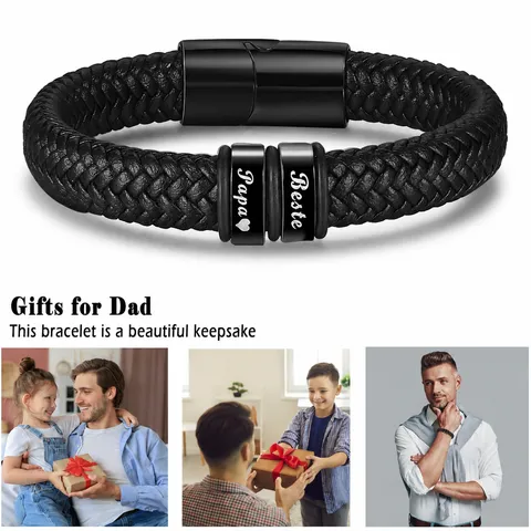 Men's Leather Braided Bracelet Stainless Steel Magnetic Clasp Engraved Letter Wristband Fashion Jewelry Gift
