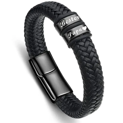 Men's Leather Braided Bracelet Stainless Steel Magnetic Clasp Engraved Letter Wristband Fashion Jewelry Gift
