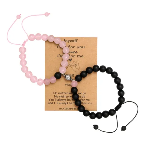 Natural Stone Pink Crystal Couple Bracelet Magnetic Heart Crown Agate Beaded Bracelets Valentine Day Jewelry Gift For Lovers