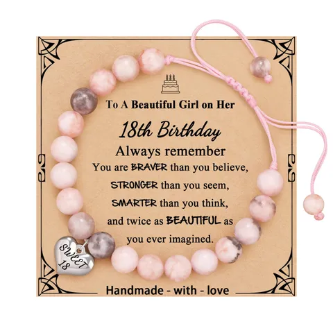 Handmade Natural Stone Beaded Bracelet With Heart Pendant Adjustable Braided Rope Birthday Gift Jewelry For Women