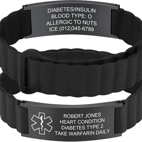 Stainless Steel Medical Alert Bracelet Engraved Curved Plate Silicone Strap Medical ID Bracelets For Men Women