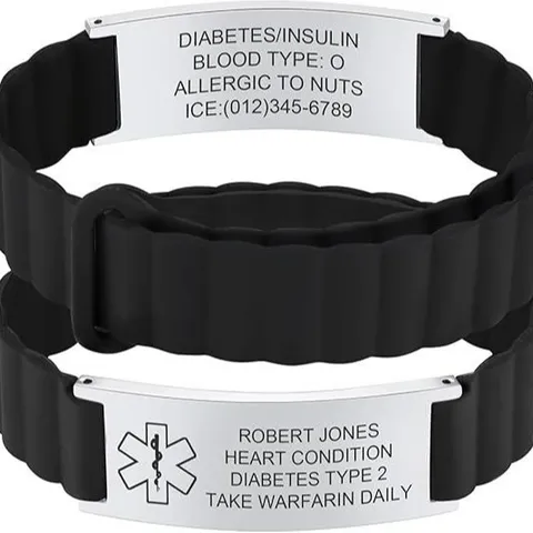 Stainless Steel Medical Alert Bracelet Engraved Curved Plate Silicone Strap Medical ID Bracelets For Men Women