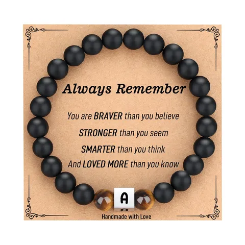 Men Obsidian Tiger Eye Stone Beaded Bracelet Stainless Steel Initial Letter Charm Bracelet Fashion Gemstone Jewelry Gift