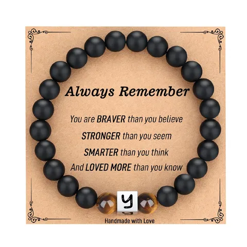 Men Obsidian Tiger Eye Stone Beaded Bracelet Stainless Steel Initial Letter Charm Bracelet Fashion Gemstone Jewelry Gift
