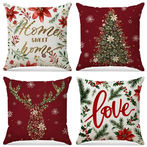 Christmas Cushion Cover Festive Red Linen Throw Pillow Case Elk Holiday Decorative Pillowcase For Sofa Bed