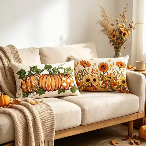 Herbst Kürbis Weihnachtsbaum Gedruckter Kissenbezug Leinen-Gefühl Dekorativer Kissenbezug Für Wohnzimmer Sofa Heimdekoration