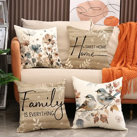 Polyester Decorative Pillowcase Autumn Floral Letter Print Cushion Cover Square Home Living Room Sofa Pillow Case
