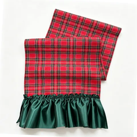 Runner da Tavola di Natale Rosso Blu Quadri Tovaglia Con Bordo Volant Poliestere Per Tavolo da Pranzo Casa Cucina Decorazione