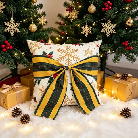 Christmas Decorative Pillow Cover White Gold Snowflake Print Square Cushion Cover With 3D Bowknot For Living Room Sofa