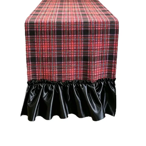 Dark Grid Table Runner With Ruffle Trim Polyester Fabric Halloween Party Table Decoration Home Dining Room