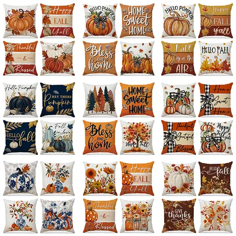 Federa per Cuscino Stampata con Zucca e Foglia d'Acero Autunnale in Finto Lino Set Decorativo per Casa Divano Soggiorno