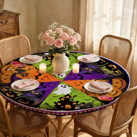 Halloween Round Tablecloth Elastic Edge Table Cover Stretch Fleece Dustproof Table Cloth for Party Home Decor