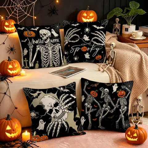 Halloween Decorative Pillow Cover Spooky Skull Pumpkin Print Cushion Case Polyester Square Pillowcase For Home Sofa Party Decor