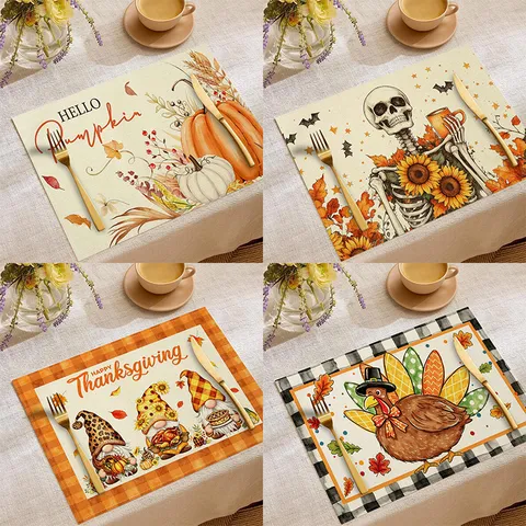 Fall Pumpkin Skeleton Goblin Table Placemat Thanksgiving Halloween Seasonal Decorative Linen Placemat For Dining Table