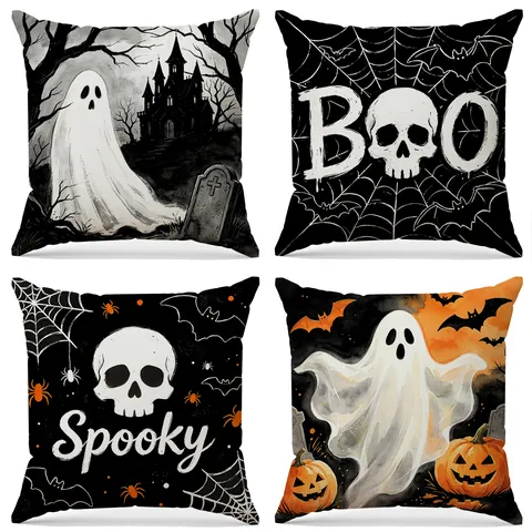 Halloween Ghost Pumpkin Polyester Pillow Cover Black And White Spooky Holiday Decorative Sofa Throw Pillow
