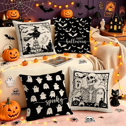 Fodera per Cuscino di Halloween Vintage Fantasma Teschio Stampa Fodera Decorativa in Tessuto Poliestere per Divano Festa