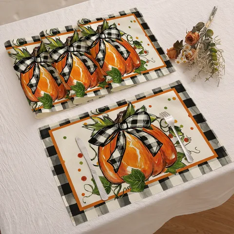 Fall Pumpkin Skeleton Goblin Table Placemat Thanksgiving Halloween Seasonal Decorative Linen Placemat For Dining Table