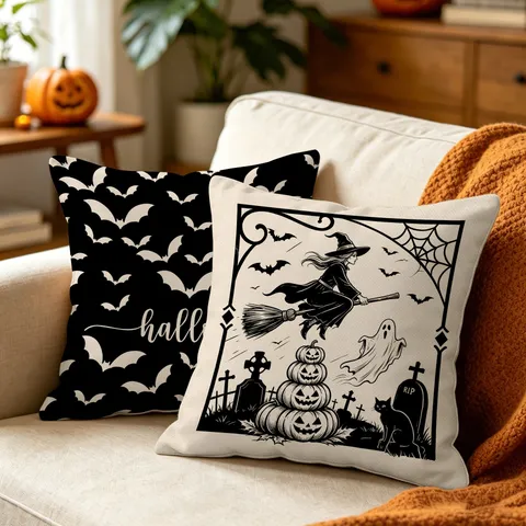 Fodera per Cuscino di Halloween Vintage Fantasma Teschio Stampa Fodera Decorativa in Tessuto Poliestere per Divano Festa