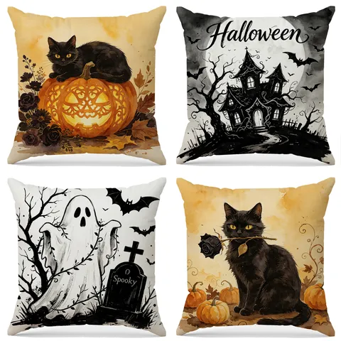 Halloween Pillow Cover Polyester Printed Black Cat Pumpkin Decorative Throw Pillow Case For Sofa Home Bedding Decor