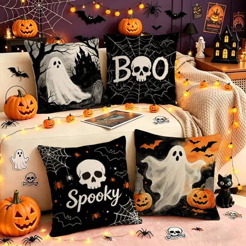 Halloween Ghost Pumpkin Polyester Pillow Cover Black And White Spooky Holiday Decorative Sofa Throw Pillow