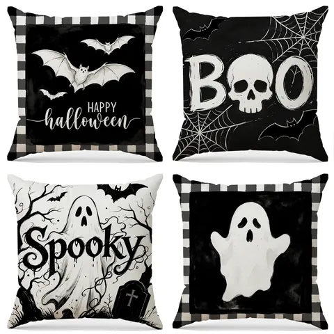 Halloween Ghost Pillow Cover Black And White Bat Skull Decorative Cushion Cover For Sofa Party Home Decor