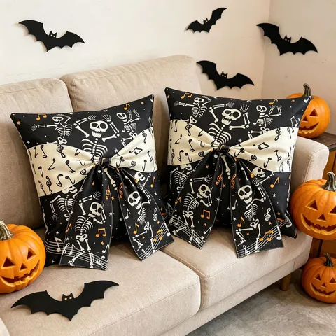 Halloween Decorative Throw Pillow Cover Polyester Black And White Skeleton Bow Tie Strap Square Cushion Cover For Sofa