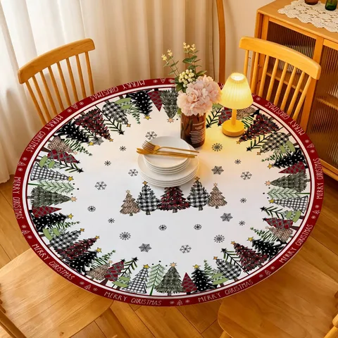Weihnachten Bedruckt Rund Tischtuch Elastische Tischabdeckung Festlich Baum Schneeflocke Staubdicht Stoff Heim Esstisch Dekoration