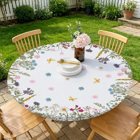 Blumenmuster Runde Tischdecke Elastischer Rand Staubdicht Tischabdeckung Landhausstil Stoff Esstisch Schutz Heimdekoration