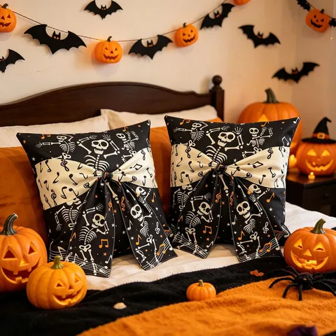 Halloween Decorative Throw Pillow Cover Polyester Black And White Skeleton Bow Tie Strap Square Cushion Cover For Sofa