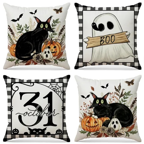 Halloween Black Cat Ghost Pillow Cover Pumpkin Decorative Cushion Case Polyester Square Throw Pillow Protector