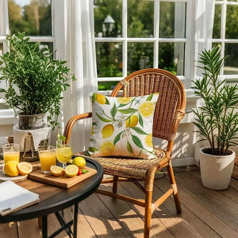 Waterproof Polyester Linen Throw Pillow Cover Outdoor Garden Sofa Cushion Case Geometric Lemon Floral Pattern