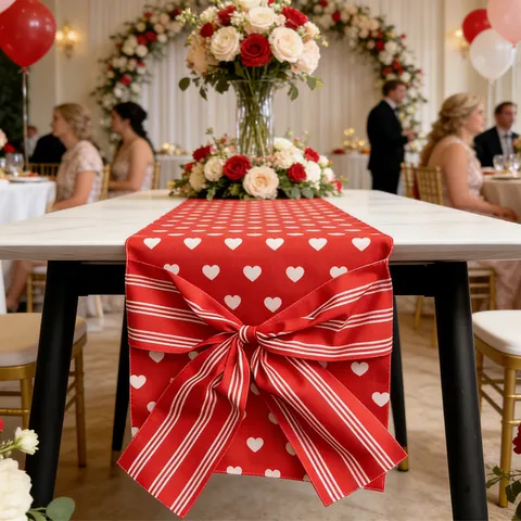 Leinen Tischläufer Herz Druck Schleife Langer Tischflagge Für Esszimmer Hochzeit Party Heimtisch Dekoration