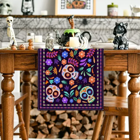 Halloween Table Runner And Placemat Set Day Of The Dead Skull Floral Print Linen Dining Table Decoration Party Supplies