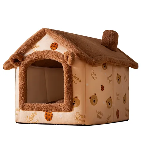 Warm Pet Cave Bed Enclosed Cat House Washable Soft Fleece Puppy Dog Villa Cute Cartoon Animal Design Winter Sleeping Nest