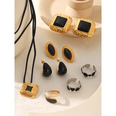 Minimalist Stainless Steel Black Oil Drop Earrings And Rings Vintage Geometric Fashion Jewelry Set For Women Daily Wear