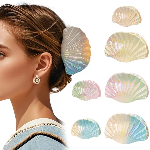 Iridescent Gradient Shell Hair Claw Clip For Women Acetate Pearlescent Shell Shark Clip Summer Ocean Beach Vacation Hair Accessories