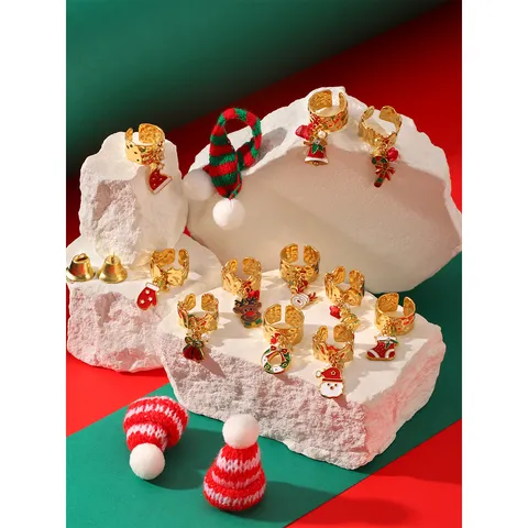 Christmas Stainless Steel Open Ring Gold Plated Drip Oil Santa Claus Elk Snowflake Ring Festive Fashion Finger Jewelry Gift