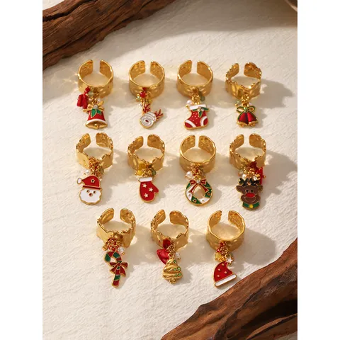 Christmas Stainless Steel Open Ring Gold Plated Drip Oil Santa Claus Elk Snowflake Ring Festive Fashion Finger Jewelry Gift