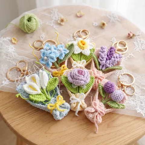 Handgemachte Geknüpfte Blumenstrauß Taschenanhänger Häkeln Wollgarn Schlüsselanhänger Kreative Handgefertigte Hängende Dekoration