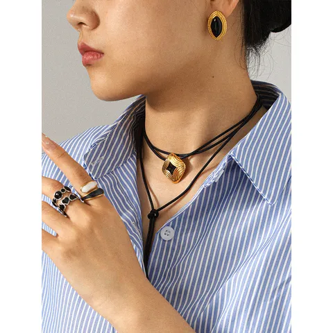 Minimalist Stainless Steel Black Oil Drop Earrings And Rings Vintage Geometric Fashion Jewelry Set For Women Daily Wear