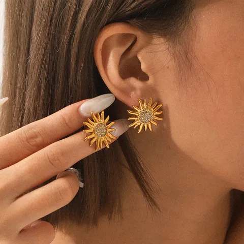 Stainless Steel Sunflower Stud Earrings Open Ring Set Gold Plated Rhinestone Ins Style Jewelry Gift For Women