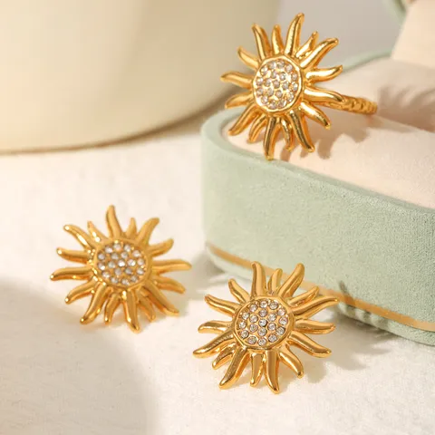 Stainless Steel Sunflower Stud Earrings Open Ring Set Gold Plated Rhinestone Ins Style Jewelry Gift For Women