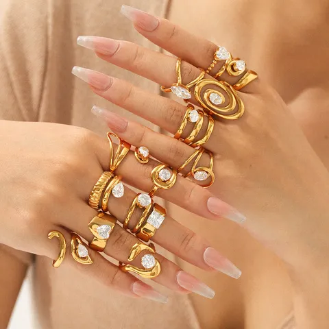 Minimalist Stainless Steel Open Ring For Women Gold Plated Rhinestone Geometric Adjustable Fashion Jewelry Finger Ring