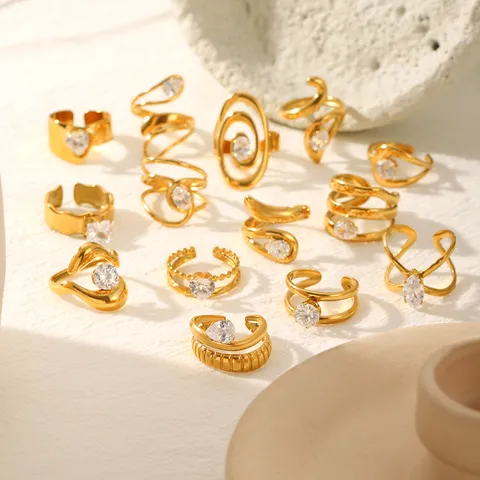 Minimalist Stainless Steel Open Ring For Women Gold Plated Rhinestone Geometric Adjustable Fashion Jewelry Finger Ring