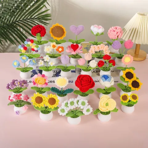 Handgemachte Häkelwolle Topfpflanze Süße Gestrickte Blume Schreibtisch Ornament Heimdekoration