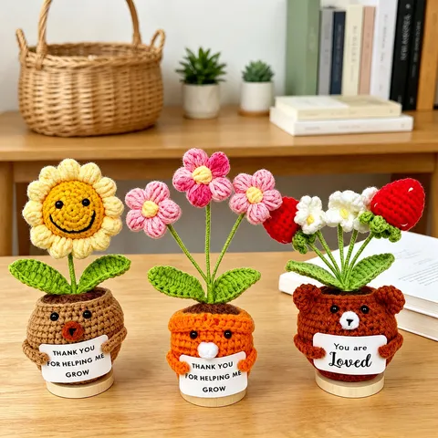 Handgemachte Häkel Cartoon Tier Topfpflanze Süße Gestrickte Blume Woll Topf Tischdekoration Geschenk Für Lehrer Mutter