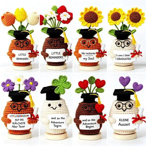 Handgehäkelte Topfpflanze Sonnenblume Vierblättriges Kleeblatt Schreibtisch-Ornament Abschlussgeschenk