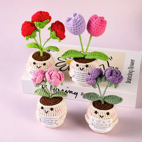 Handgemachte Gehäkelte Positive Topfpuppe Geknoteter Wollegarn Simulationsblume Grünpflanze Tischornament Geschenk