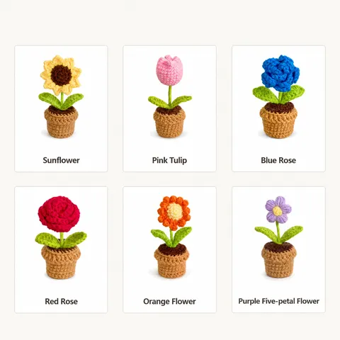 Handgemachte Häkel-Topfpflanze Süße Geklopfte Blume Sonnenblume Tulpe Rose Gänseblümchen Schreibtisch Dekor Künstliche Topfpflanzen