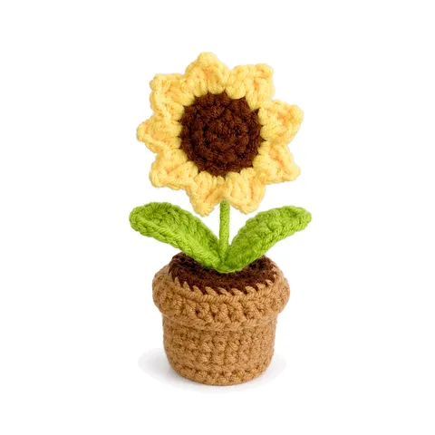 Planta en Maceta de Ganchillo Hecha a Mano Linda Flor Tejida Girasol Tulipán Rosa Margarita Decoración de Escritorio Plantas en Maceta Artificiales